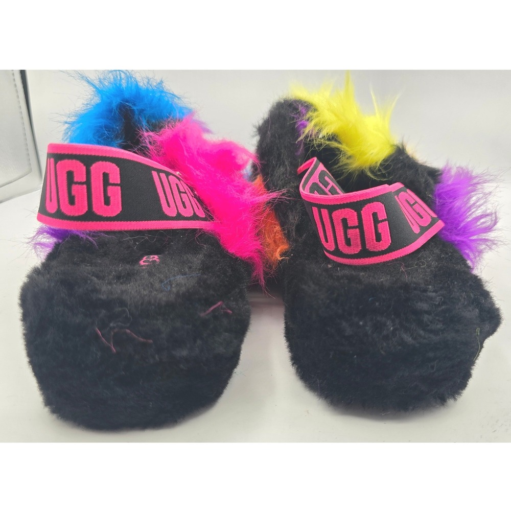 UGG Fluff Yeah Party Spots Slides Black Multicolor Womens 8 Fur Sandals Slippers - Picture 6 of 10